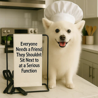 Funny Friendship Tea Towel – "Everyone Needs a Friend They Shouldn’t Sit Next to at a Serious Function" – 100% Cotton Flour Sack Kitchen Towel – Gift for Friends – Hand Printed in USA